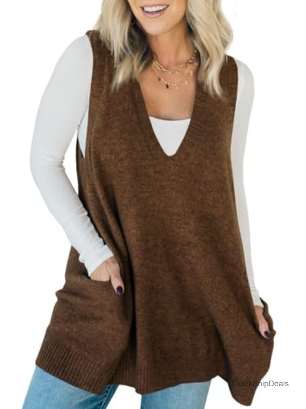 Sleeveless Knit Sweater Vest Dress V-Neck A-Line with Pockets Y2K